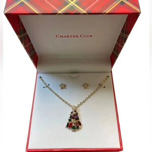 Christmas Tree Multicolor Crystal Tree Necklace & Star Stud Earrings Set NWT